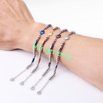 (Customisé) Bracelet pour homme en acier inoxydable, étoile octogonale style persan à la mode bracelet pour homme en pierre noire