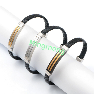 Bracelet en cuir à la mode en cuir rétro tissé en acier inoxydable bracelet pour homme à la mode