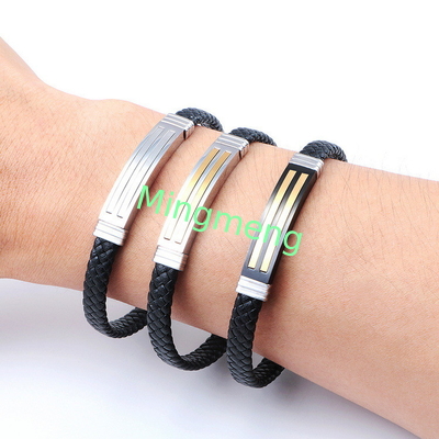 Bracelet en cuir à la mode en cuir rétro tissé en acier inoxydable bracelet pour homme à la mode