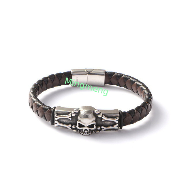 Crâne de squelette Brun Noir cuir Personnalité créative Casting en acier inoxydable Bracelet en cuir à la mode Crâne punk européen et américain Mode accessoires de vêtements à la mode